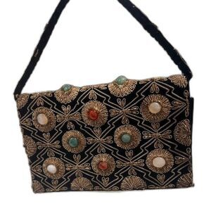 Vintage Zardozi Black Velvet Semi Precious Stones & Gold Brocade Evening Bag